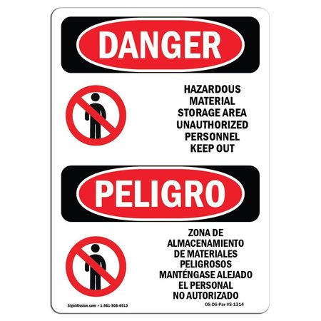 SIGNMISSION Safety Sign, OSHA Danger, 24" Height, Hazardous Material Storage Area Bilingual Spanish OS-DS-D-1824-VS-1314